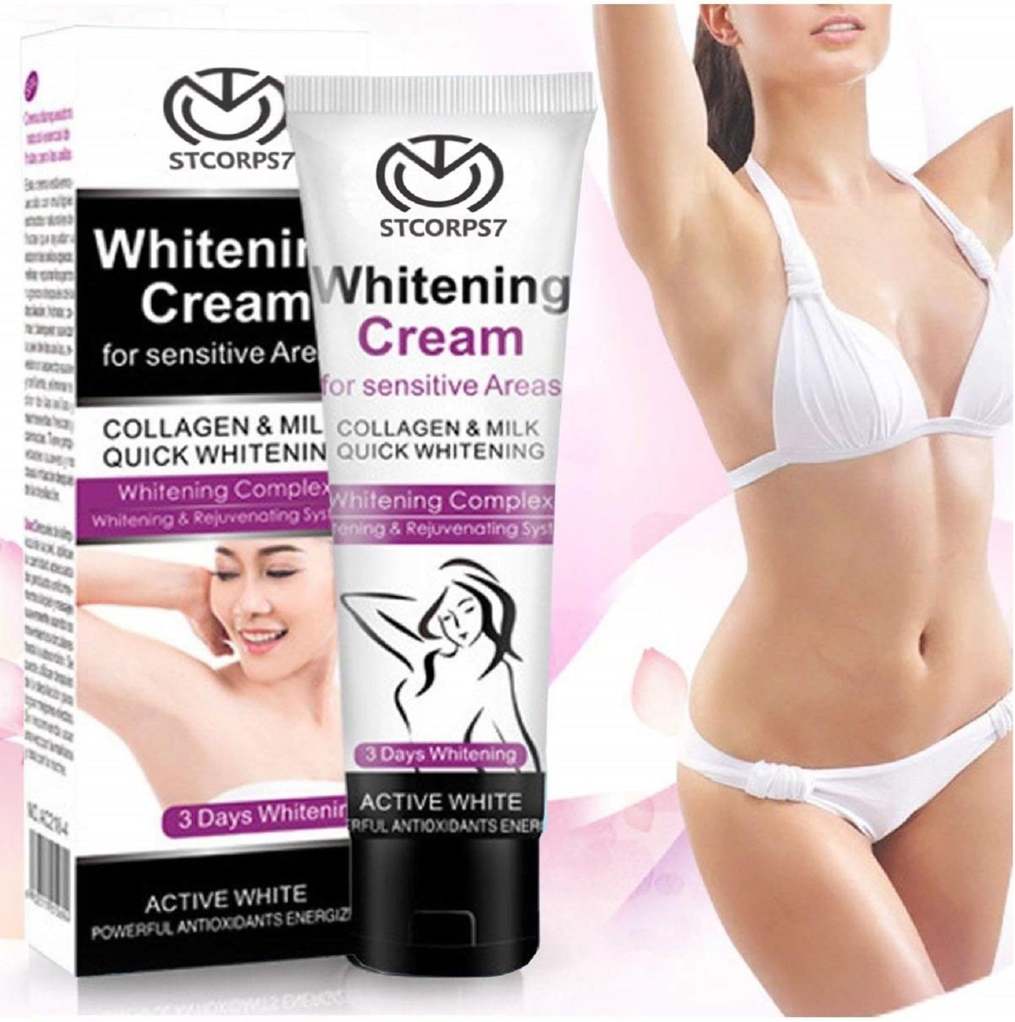 STCorps7 Whitening & Lighting Cream Safe Natural Ingredients Get Rid of Dark Armpit/Inner thigh/Elbow/Knee Fast & Bleaching Cream, Nipple Whitening Legs Keens Private Part Body Creams 50g.