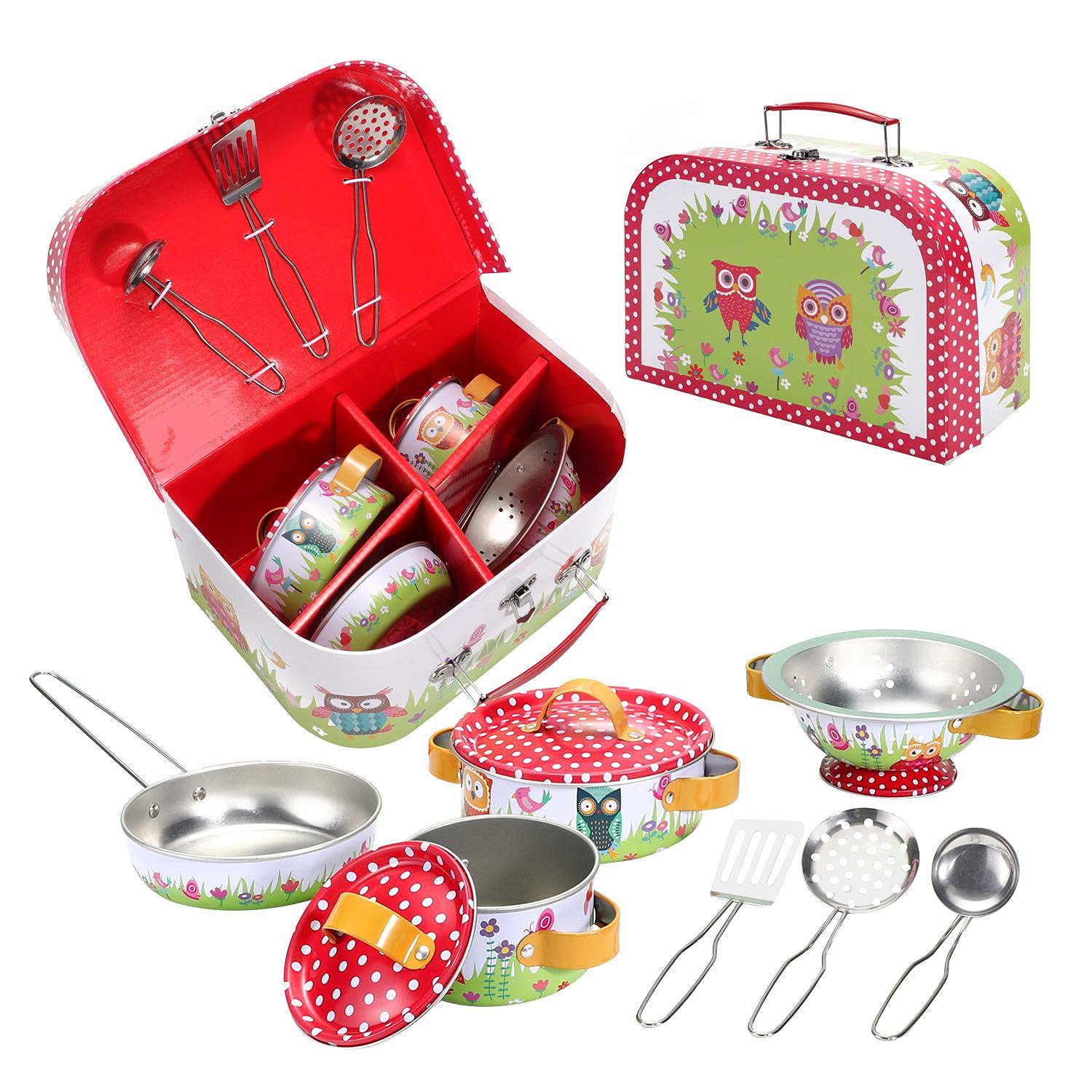 SOKA Animal Metal Kids Kitchen Set with Carry Case - 10 Pcs Illustrated Colourful Design Pretend Role Play Toy Pots and Pans Set Toy Kitchen Accessories for Children Boys Girls