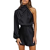Women's Satin Long Sleeve One Shoulder Mini Dress Silk One Sleeve Turtle Neck Cut Out Cocktail Short Dress for Women