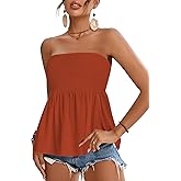 Rooscier Women's Smocked Tube Tops Ruffle Hem Sleeveless Peplum Bandeau Strappy Cami Tank