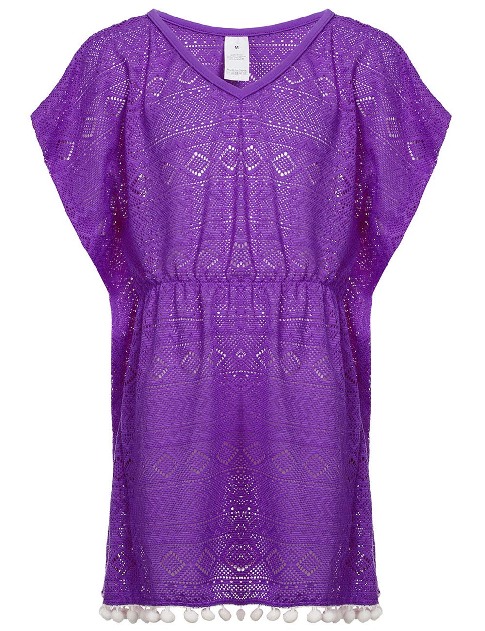 DUSISHIDAN Little Girls Beach Cover Up Crochet Sun Protection Slim fit Swim Coverup Swimming Costume with Pom Poms, Purple