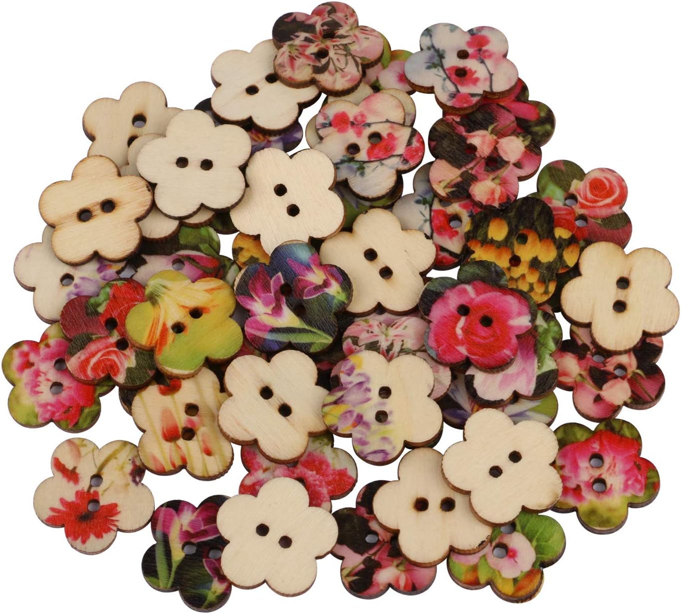 Flower Shaped Buttons, Dedoot Vintage Wooden Flower Buttons 24mm 2 Hole Mix Random for Crafting Sewing Scrapbooking
