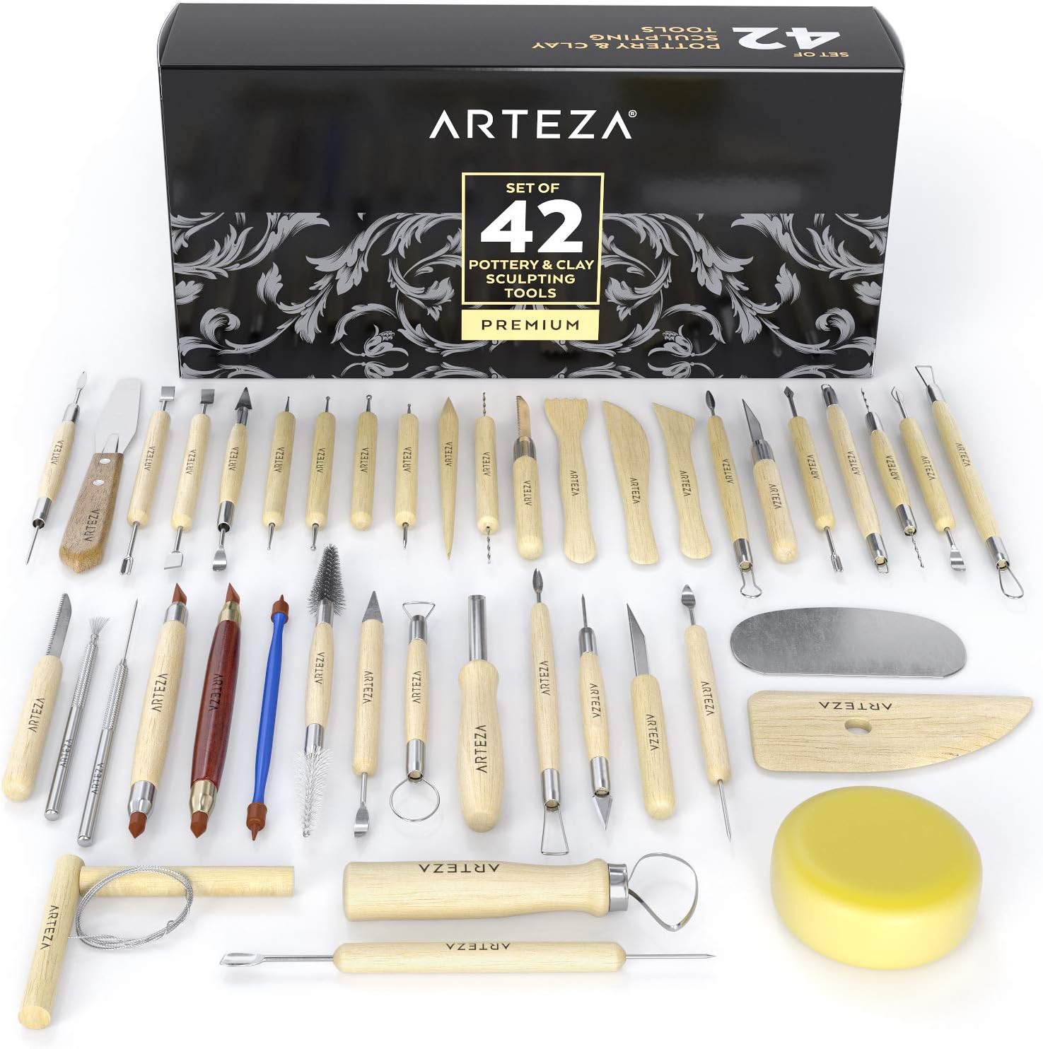 Arteza Pottery & Polymer Clay Tools, 42-Piece Sculpting Set, Steel Tip Tools with Wooden Handles, for Pottery Modeling, Smoothing, Carving & Ceramics