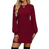 OFEEFAN Sweater Dresses for Women 2025 Fall Winter Puff Long Sleeve Crewneck Bodycon Fleece Ribbed Pullover Fashion Clothing