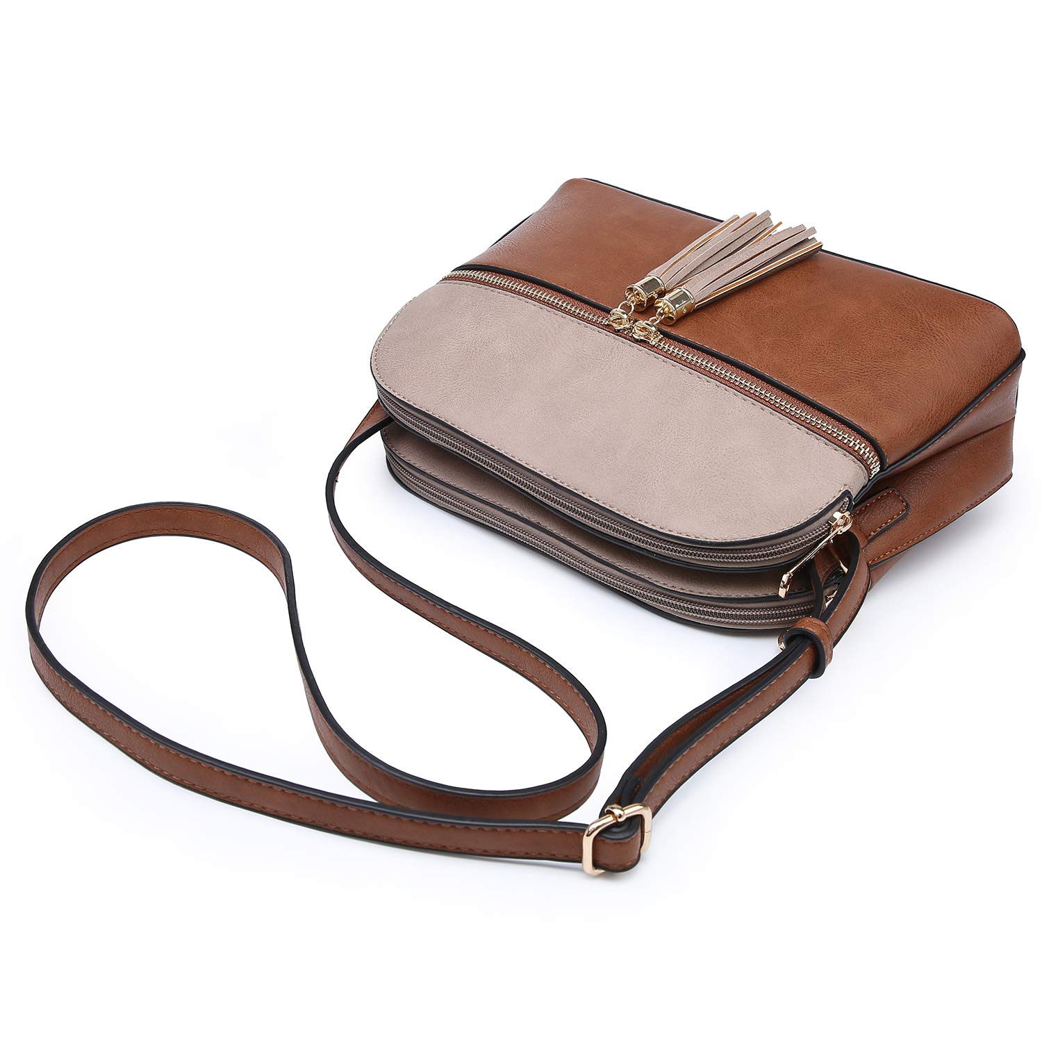 Functional Multi Pockets Lightweight Medium Crossbody Bags Purses for Women Double Zipper Shoulder Messenger Bag with Tassel (Burgundy/Soil)