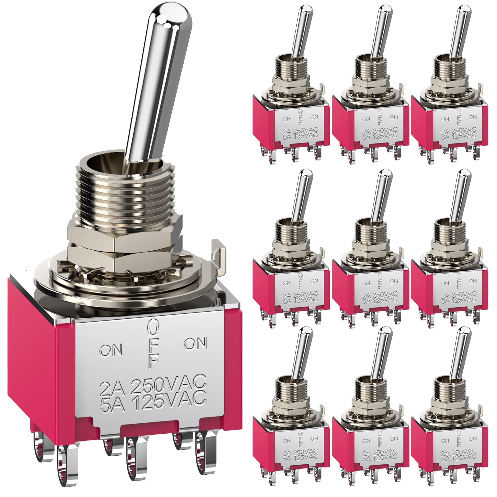 CLDIY Toggle Switch AC 5A / 125V 3A / 250V 6-Pin Connections On/Off/On 3 Position DPDT Toggle Switch Mini Miniature Toggle Switch Car Dashboard Pack of 10