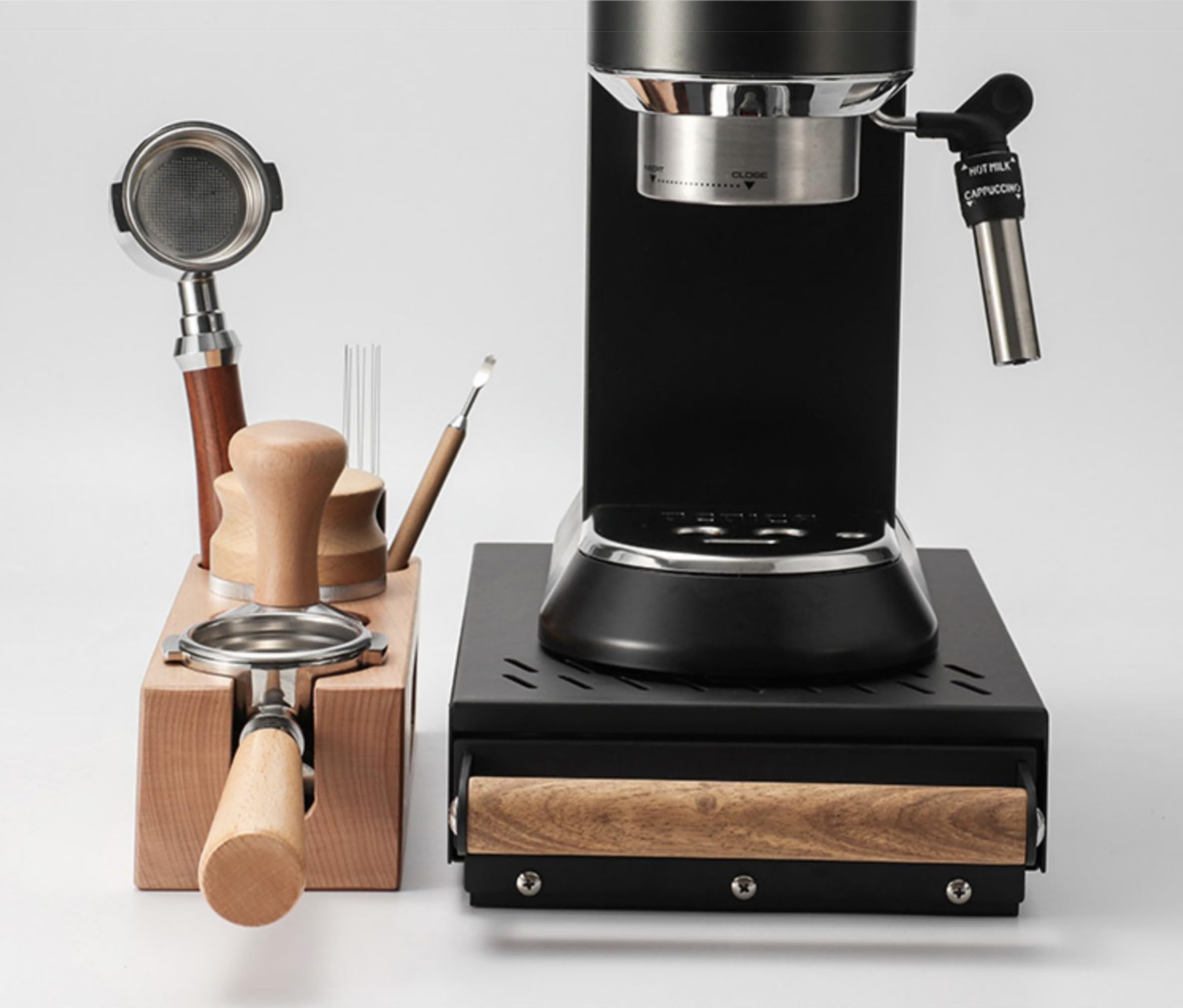 Sudschublade 31,5 x 21 x 7 cm, Abklopfbehälter 304 Edelstahl in Cool Black, Abschlagkasten mit Echtholz-Griff aus Walnuss, Geräuscharme Kaffeesatz Schublade für Siebträger & Barista Zubehör 5