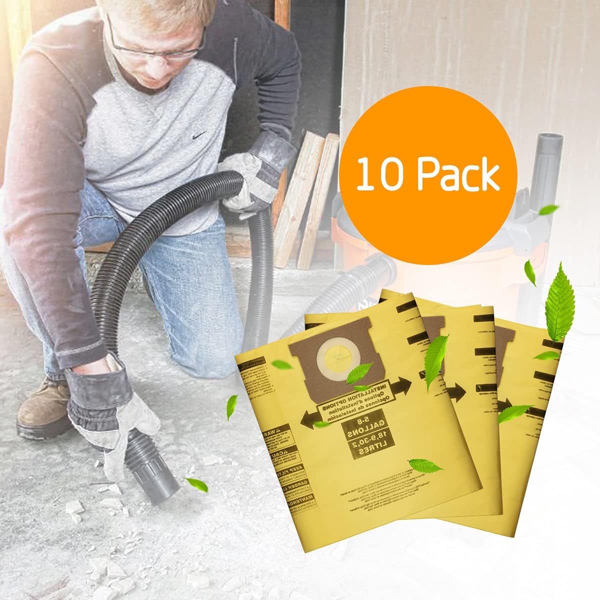 FUNTECK 10 Pack Dust Collection Bags for 5-8 Gallon Shop Vac, Replacing Model Type H, Part#9067100 (fine dust) - - 