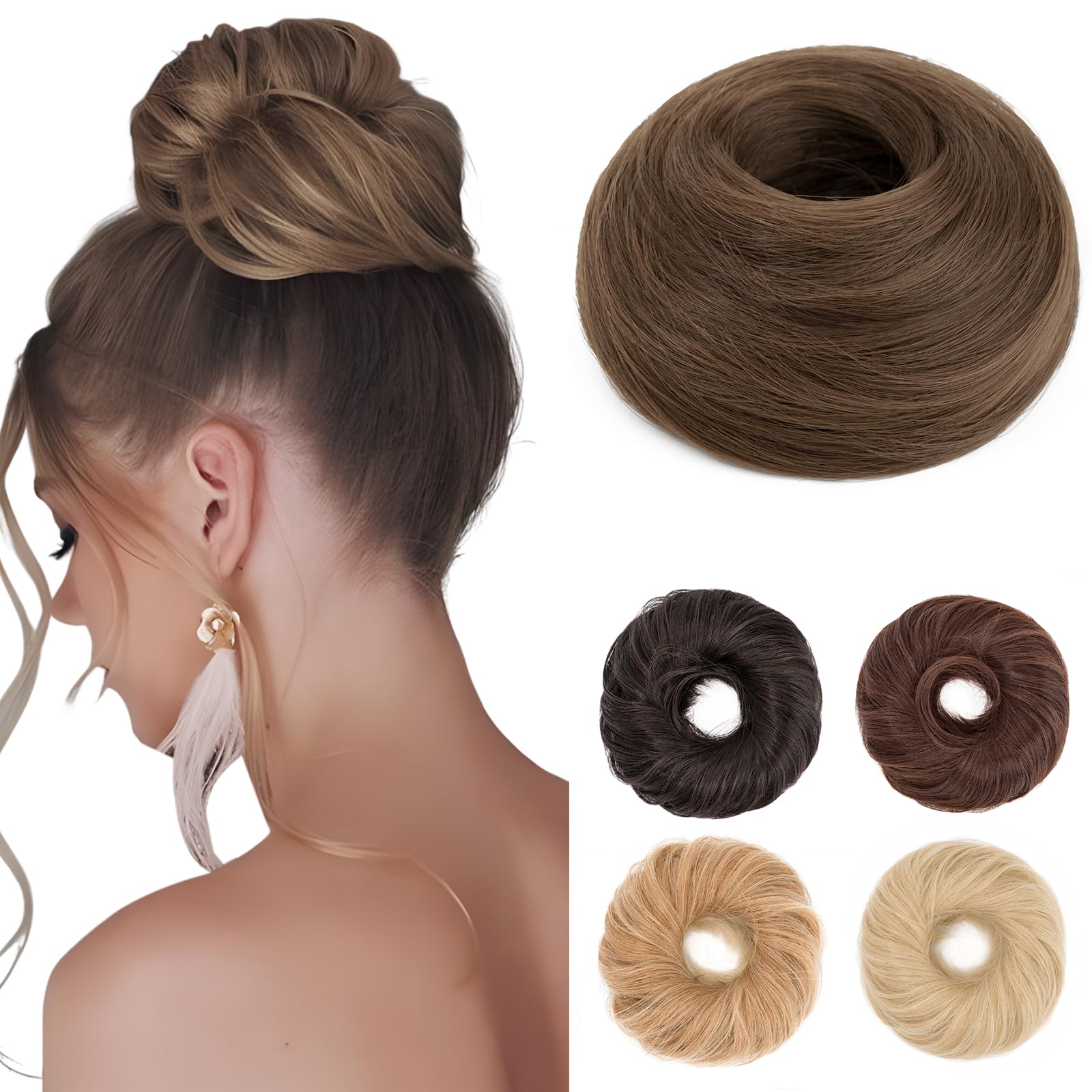 Benehair Hair Scrunchies Curly Hair Buns Hairpiece Messy Bun Synthetic Ponytail Bun Extensions Light Golden Brown Hair Pieces for Women (Light Golden Brown, 55g)