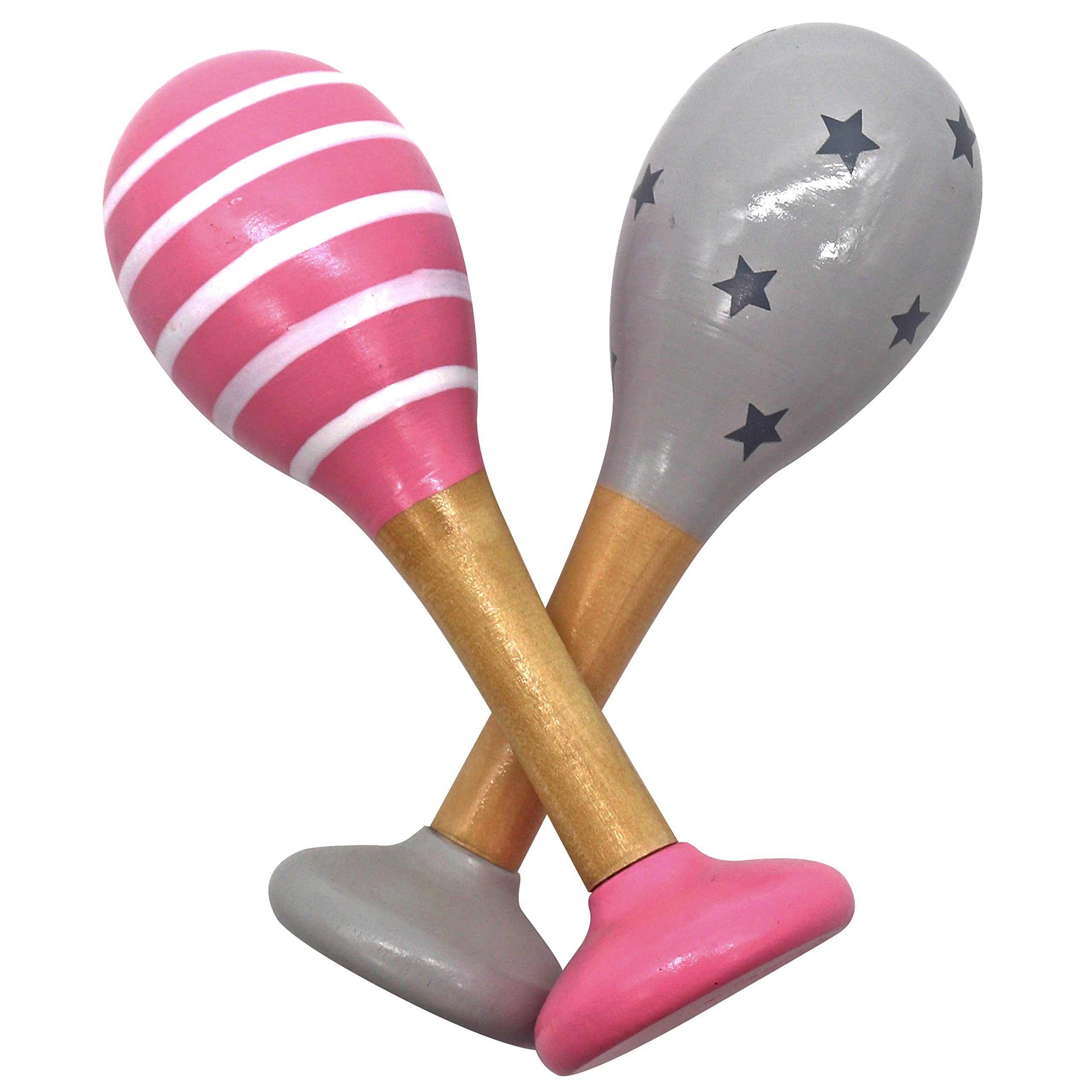 PREMYO Baby Rattle Maracas - Wooden Musical Instruments for Toddlers - Newborn Sensory Toys - Stripes Stars Grey Rose