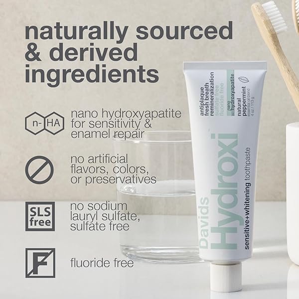 DAVIDS HYDROXI FLUORIDE FREE NANO HYDROXYAPATITE TOOTHPASTE FOR REMINERALIZING ENAMEL & SENSITIVE RELIEF, WHITENING, ANTIPLAQUE, SLS FREE, NATURAL PEPPERMINT, 5.25OZ, MADE IN USA