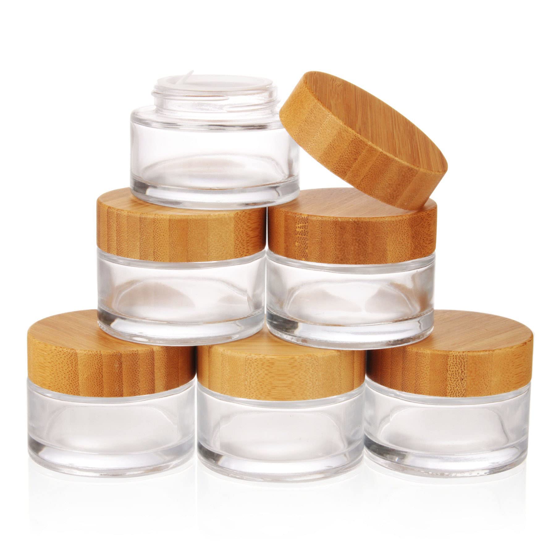 COSIDEA 6pcs Empty 1.7 OZ/50g Round Clear Glass Jars with Bamboo lids, Bamboo Cream Jar Refillable Cosmetic Travel Containers for Lip Balm, Ointments, Lotion Packing