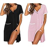 Ekouaer Nightgowns for Women 2 Pack Button Down Sleep Shirts Short Sleeve Nightshirt Sleepwear House Dress with Pockets