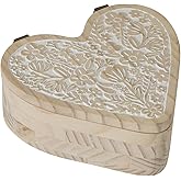 Synovana Heart Shaped Wooden Box with Hinged Lid, Decorative Box with Carved Flower, Wood Container Storage Box for Jewelry Trinket Keepsake Treasure, 8 x 7 x 3 Inches, Distressed White