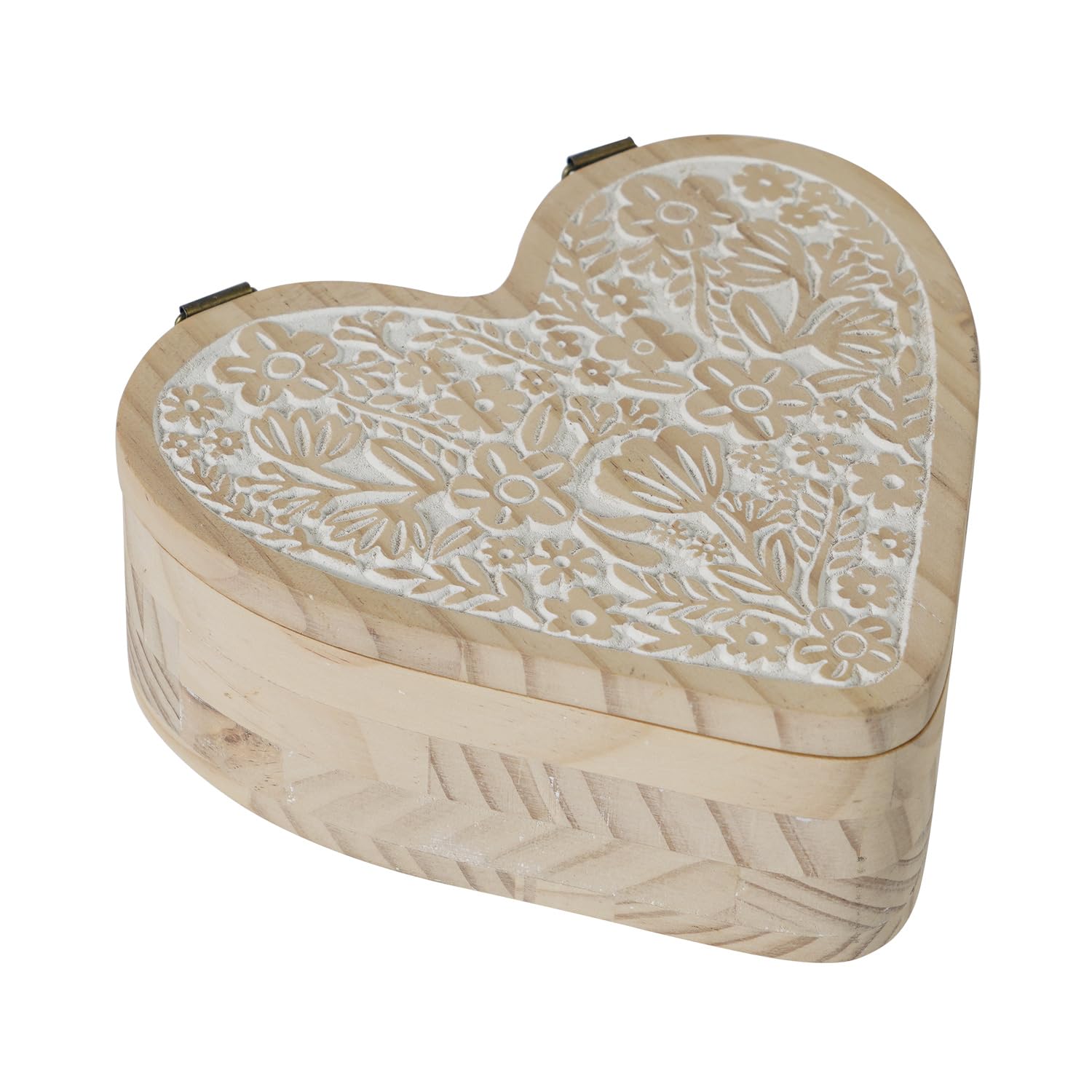 Photo 1 of Synovana Heart Shaped Wooden Box with Hinged Lid, Decorative Box with Carved Flower, Wood Container Storage Box for Jewelry Trinket Keepsake Treasure, 8 x 7 x 3 Inches, Distressed White