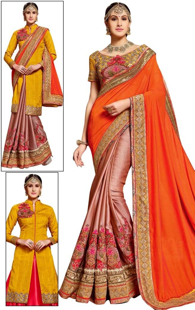 INMONARCH Womens Orange & Peach Half & Half Partywear Saree SRD19010