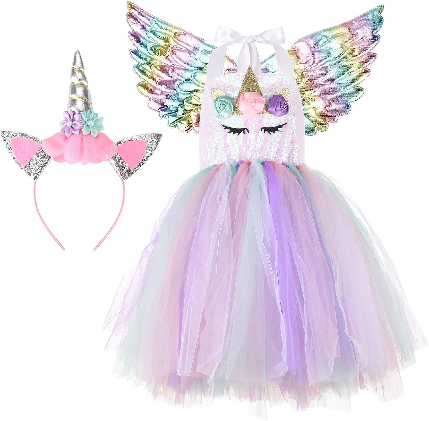Halloween Unicorn Costumes for Girls with Headband and Wings: Clothing