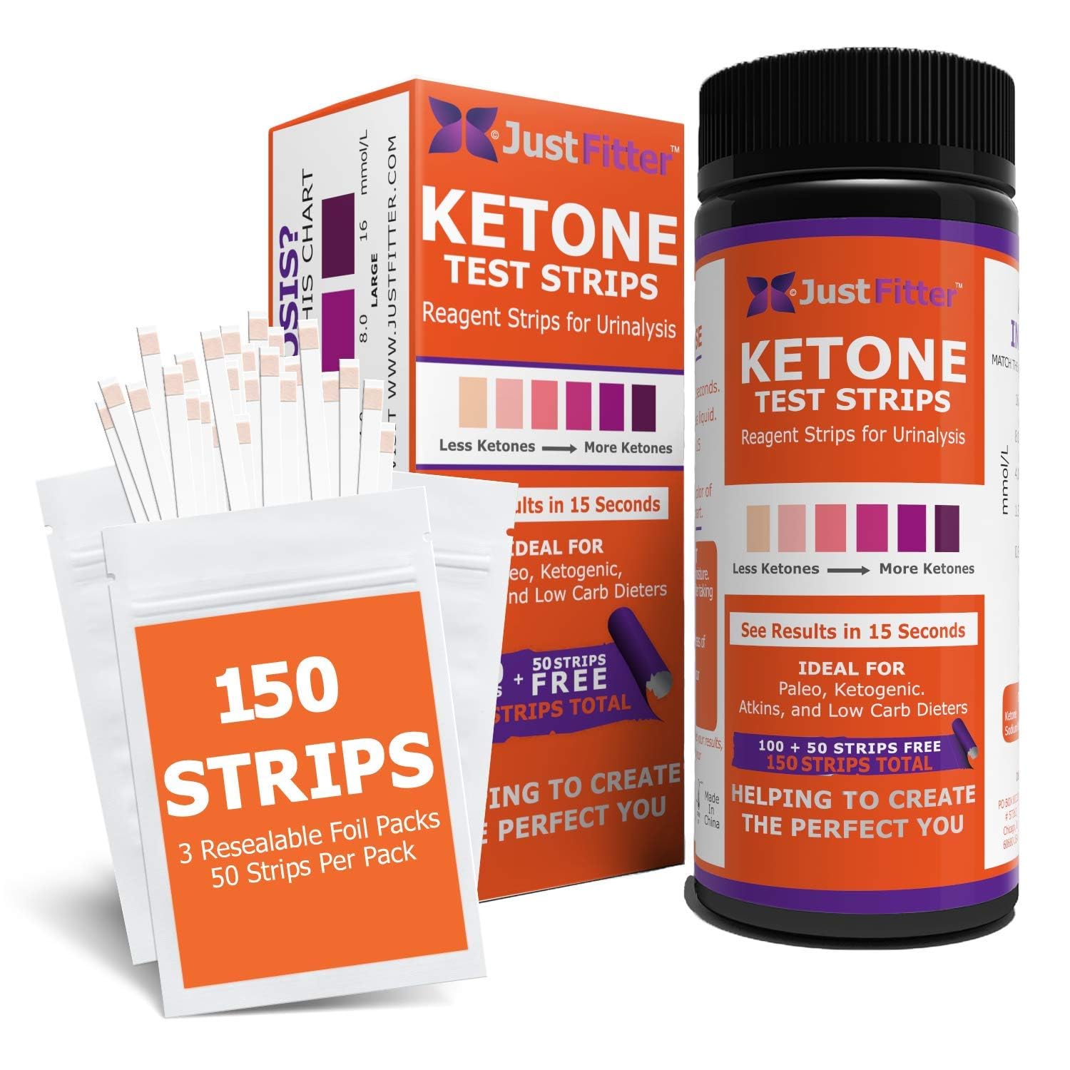 Ketone Keto Urine 150 Test Strips. 3 Resealable Foil Packs of 50 Strips Each. Look and Feel Fabulous on a Low Carb Ketogenic or HCG Diet. Accurately Measure Your Fat Burning Ketosis Levels