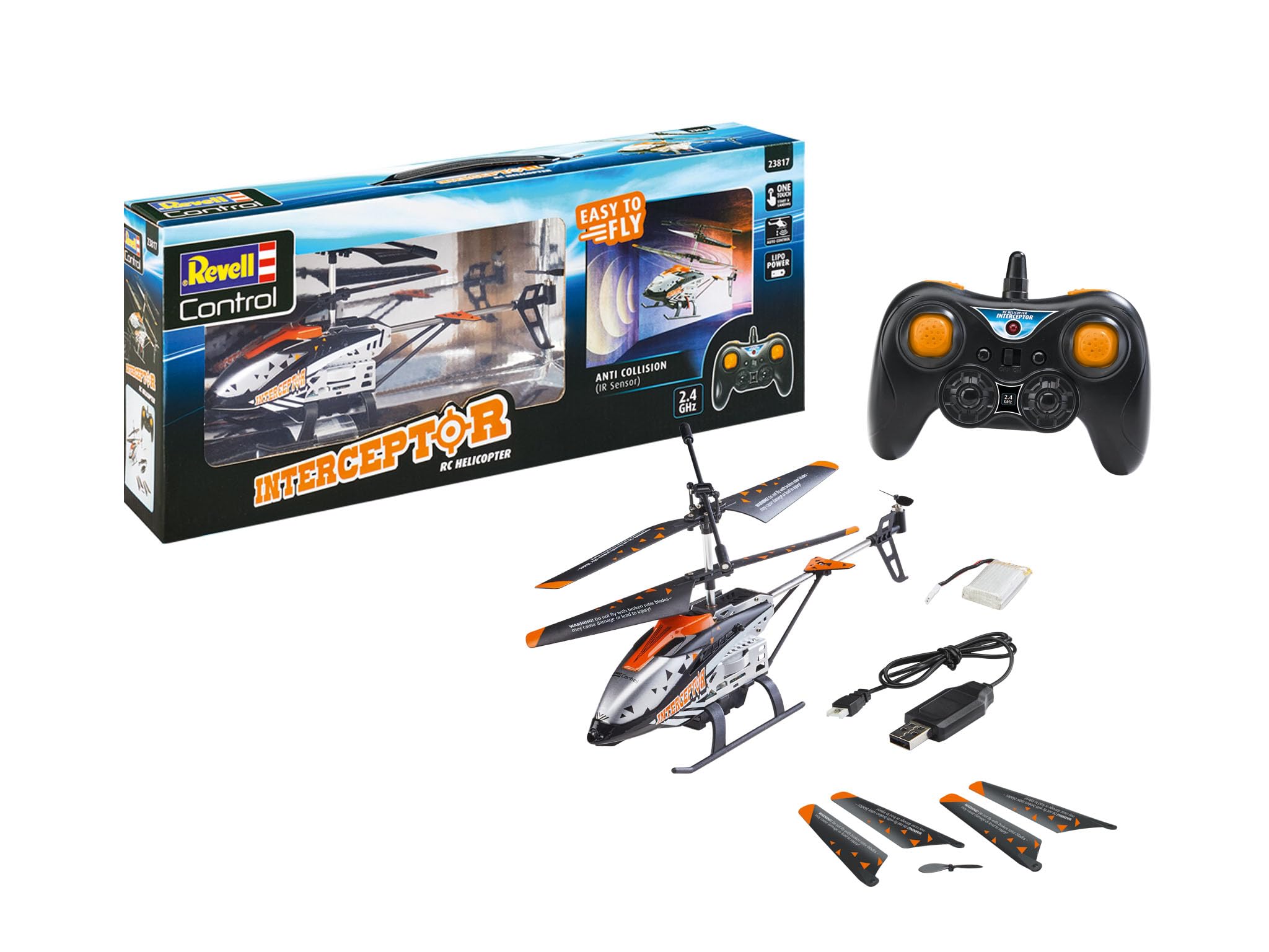 Revell Control 23817 Remote Control Helicopter "Interceptor" Anti Collision Sensor With Precise 2.4 GHz Control, One Push Take Off/Land, 6-Axis Gyro, 3 Channel, Spare Rotor Blades, 24cm in length