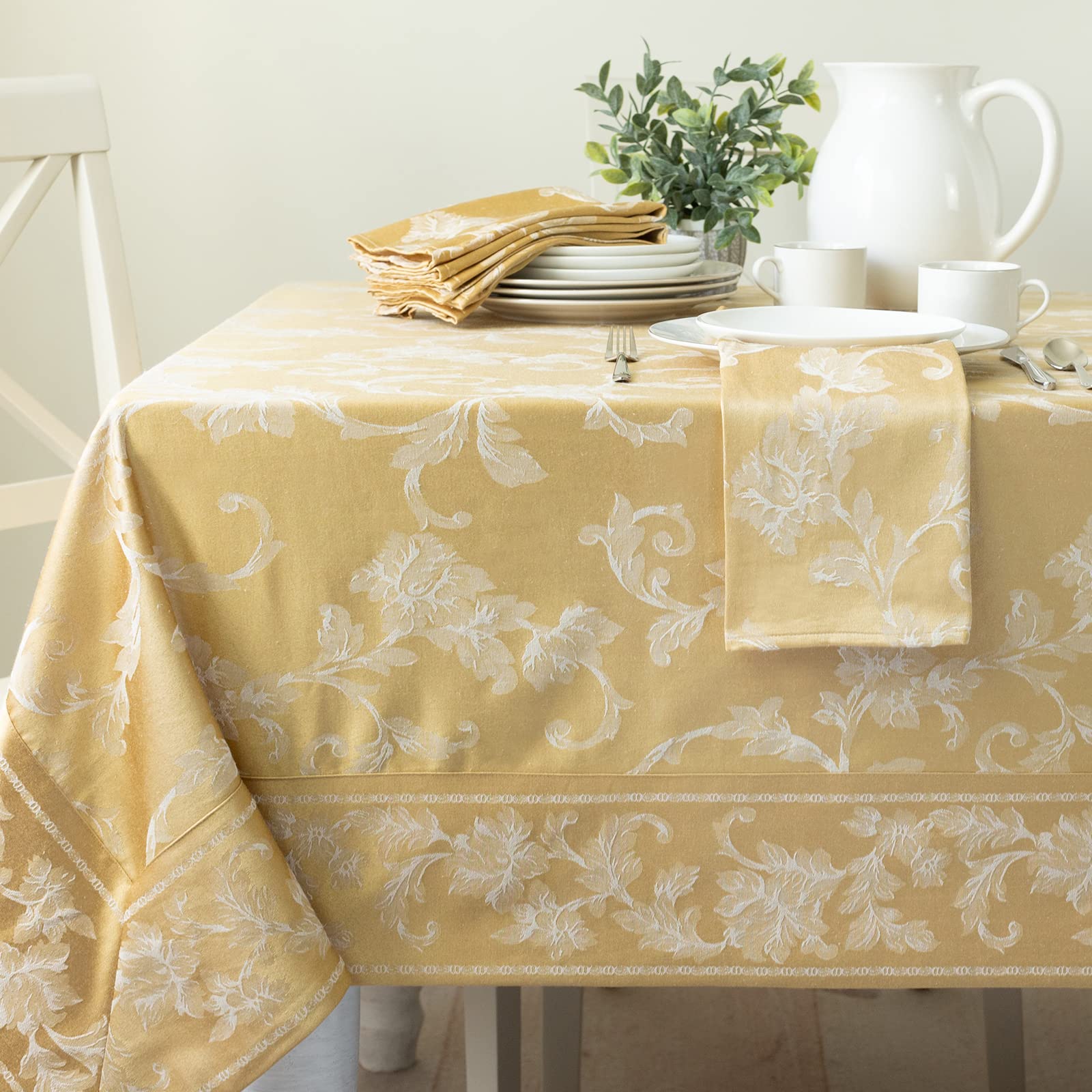 Benson Mills Harmony Scroll Woven Damask Fabric Tablecloth, Everyday, Parties, Special Occasions, Weddings and Holiday Table Cloth (60" X 84" Rectangular, Gold)