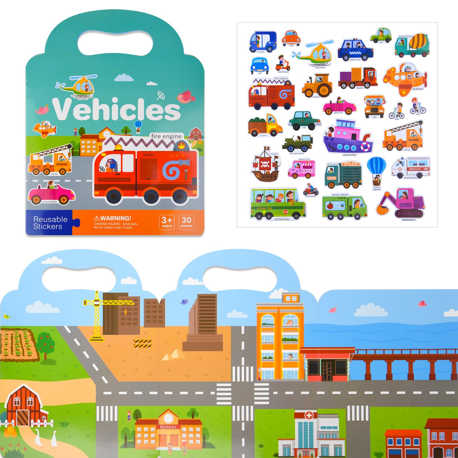 ASTARON Reusable 3D Puffy Sticker Book for Kids - Cute Waterproof Vehicle Stickers, Jelly Game Travel Sticker and Educational Sensory Learning Toy, Scenes and Busy Book