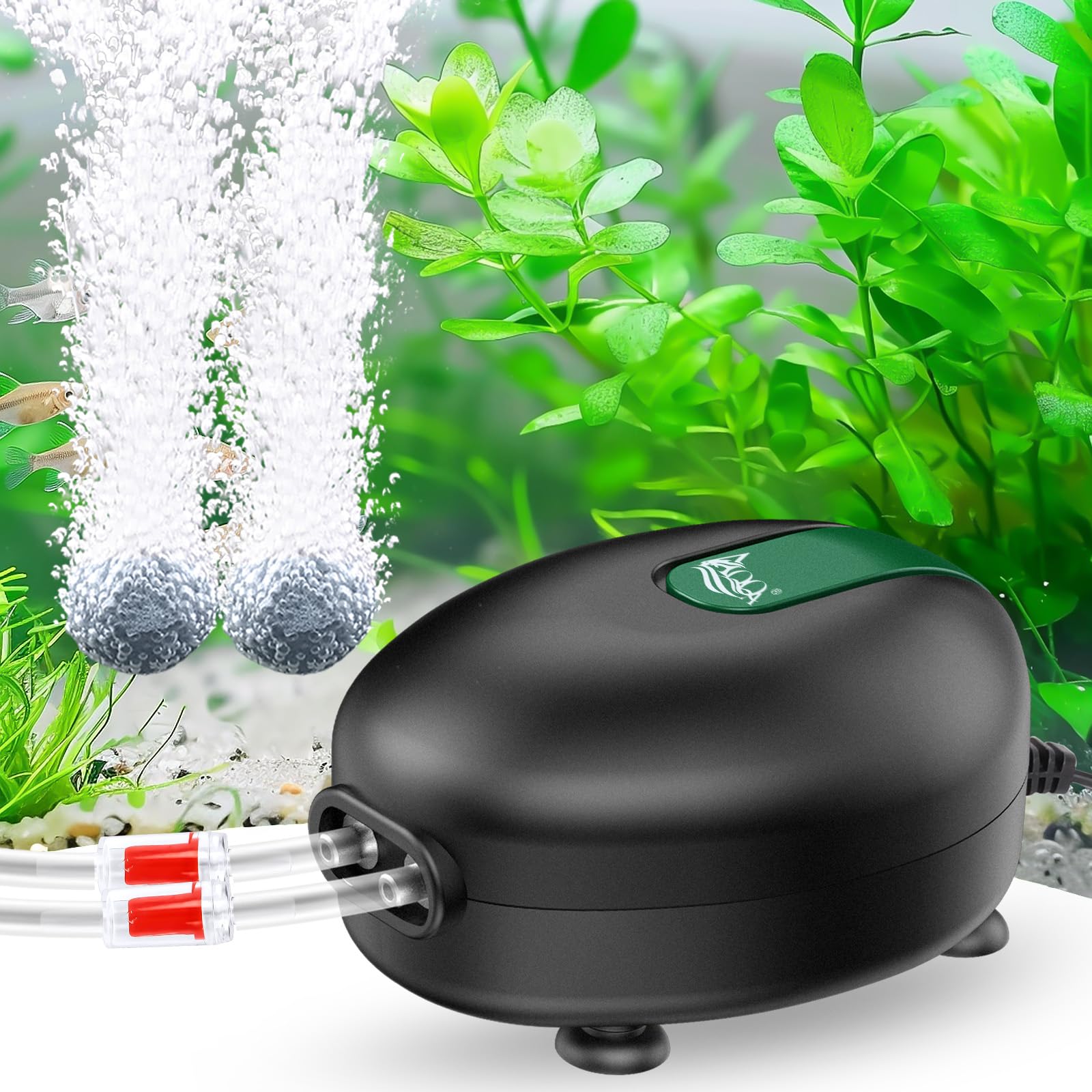 AQQA Aquarium Air Pump,Ultra-Quiet Dual Outlet Fish Tank Oxygen Pump,Adjustable Airflow Powerful Fish Tank Pond Aerator Pump with Accessories