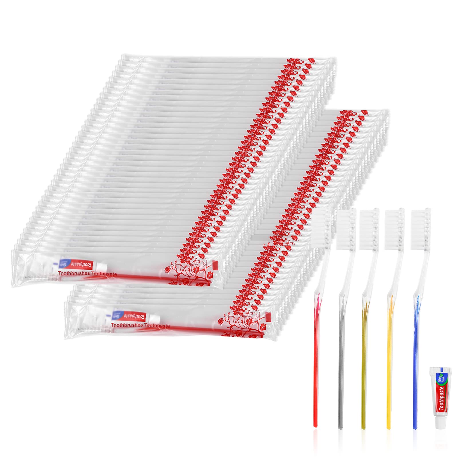 50 Pack Travel Toothbrush Set - Disposable Toothbrushes and Toothpaste (5 Colors) for Camping, Hotel Use