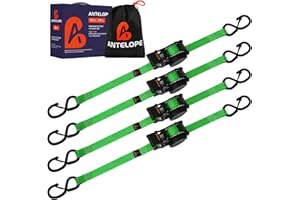 A ANTELOPE Retractable Ratchet Strap (4 Pack), 1" x 12' Heavy Duty Retractable Tie Down Straps,1,500lbs Break Strength Automatic Ratchet Straps for Securing Cargo, Weather Resistant Security S-Hooks (Green)