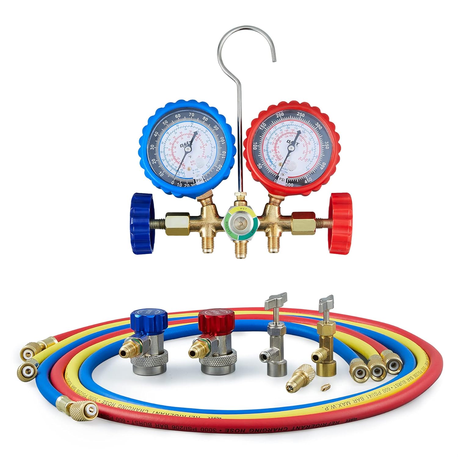 AC Manifold Gauge Set, AC Gauges for R134a R12 R22 R502 Refrigerant, Car AC Gauge Set with 5FT Hoses Adapter Adjustable Couplers, Puncturing & Self Sealing R134A Can Tap Freon Charge Kit: Industrial & Scientific