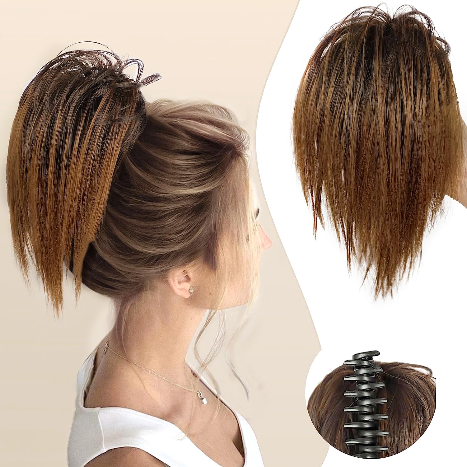 Colorfulpanda Claw Clip Short Ponytail Hair Extensions Messy Bun Hair piece Natural Straight Synthetic Fully Fake Hairpieces Ombre Brown with Blonde for Women Girls