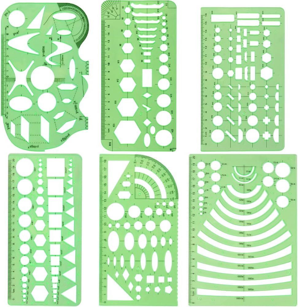 SINBLUE Pack of 6 New Clear Green Color Plastic Measuring Templates - Geometric Rulers For Office and School, Building Formwork, Drawings Drafting Templates