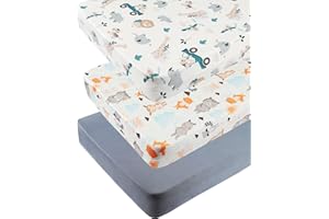 Tontukatu Pack n Play Sheet Stretchy Fitted Portable Mini Crib Sheets Set 3 Pack,Playard Sheets Convertible Playard Mattress Cover,Ultra Soft Jersey Material,Elephant Tiger,Fox & Grey