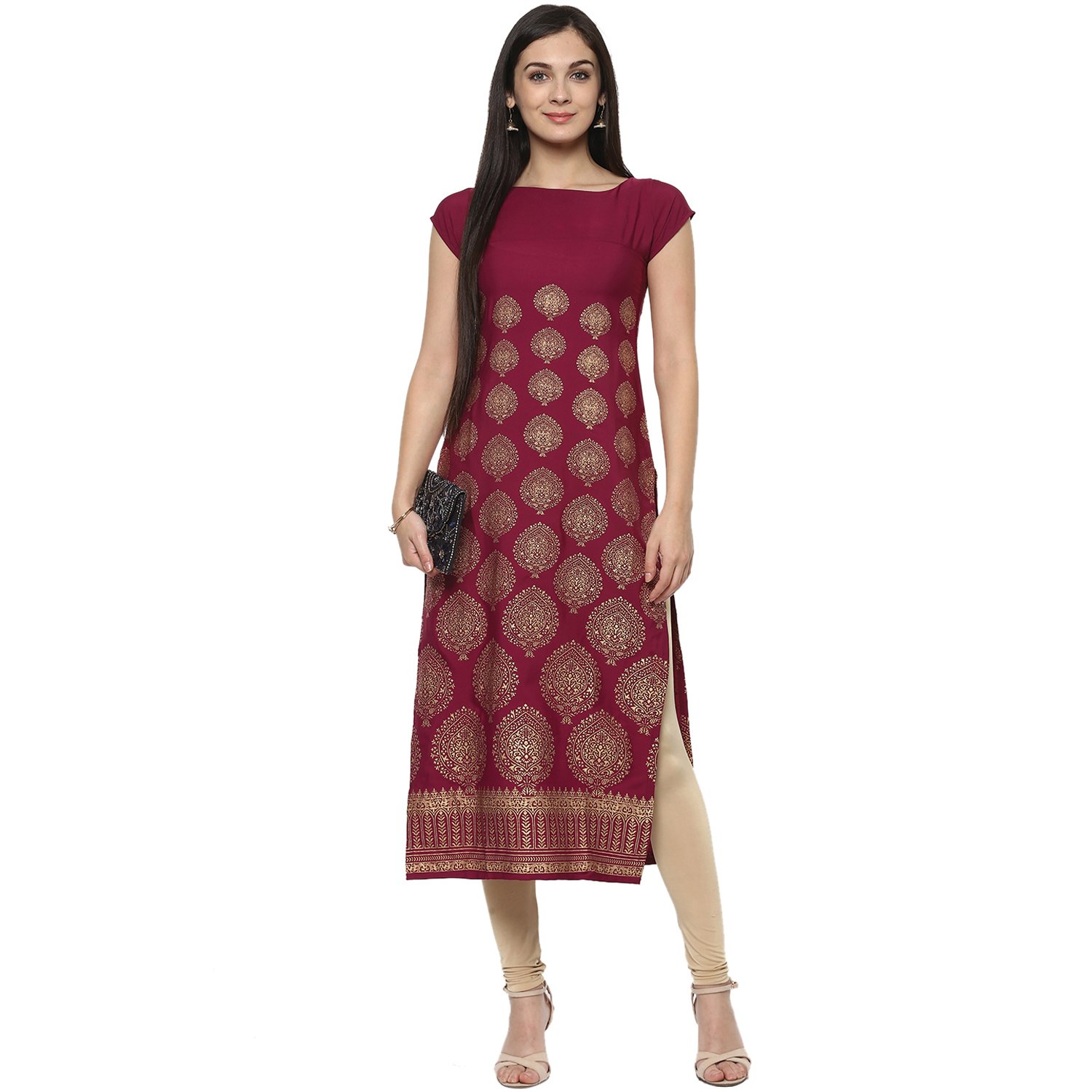 ives straight maroon crepe printed printed casual kurti for women