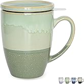 Bosmarlin Ceramic Tea Cup with Infuser and Lid, 13.5 Oz, 4 Colors to Choose, Microwave and Dishwasher Safe, Steeping Tea Mug with Strainer, Reactive Glaze (Green)