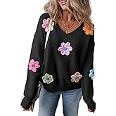 Ecosunny Sweaters for Women 2024 Long Sleeve V Neck Crochet Flower Sweater Pullover Tops Trendy Knit