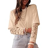 LOLONG T Shirts for Women Fall 2025 Long Sleeve Lace Patchwork Crew Neck Tops Casual Tees