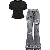 Verdusa Girl's 2 Piece Y2K Outfits Ruched T Shirt Tie Dye Flare Wide Leg Pants Legging with Pockets