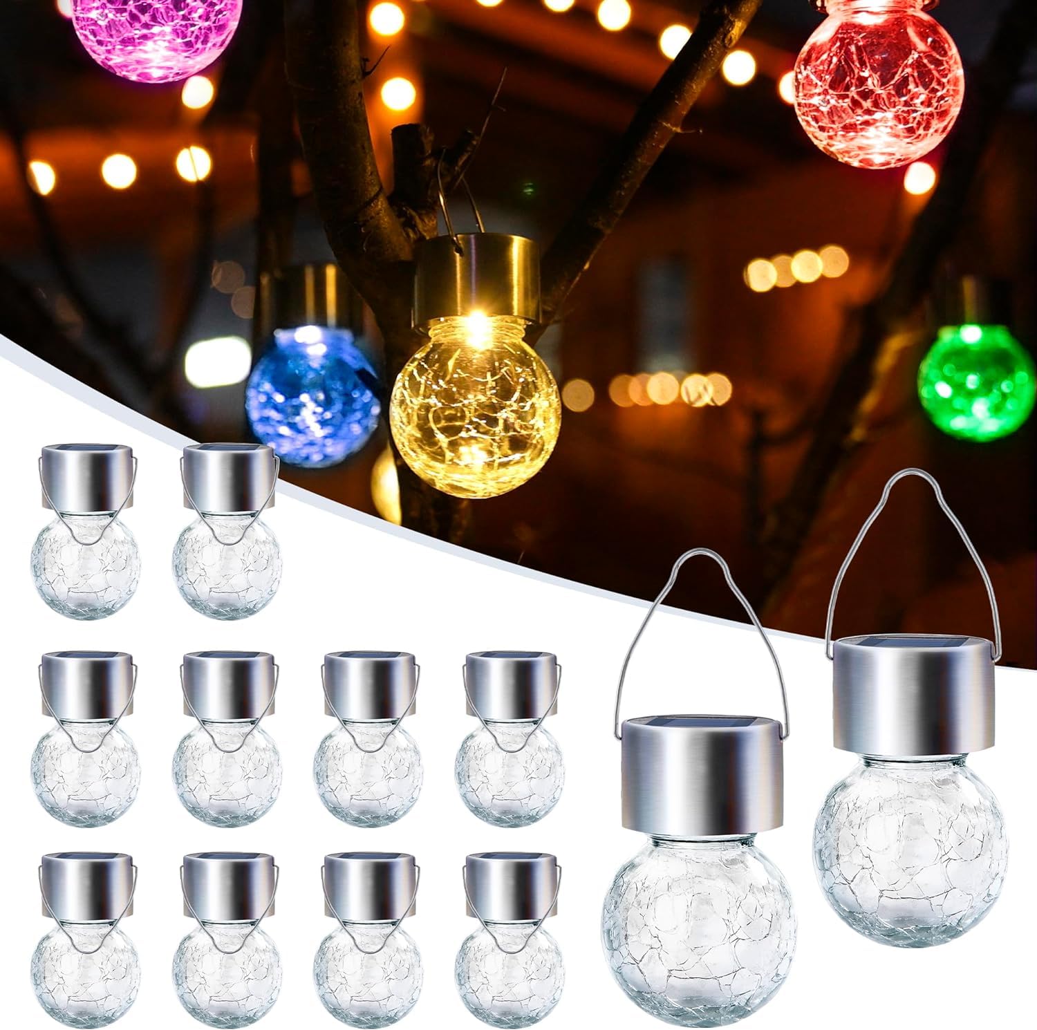GIGALUMI 12 Pack Solar Outdoor Lights, Solar Hanging Lights for Christmas Decoration-Cracked Glass Solar Lights Outdoor Waterproof for Garden, Yard, Fence, Tree(Color Changing) — image 1