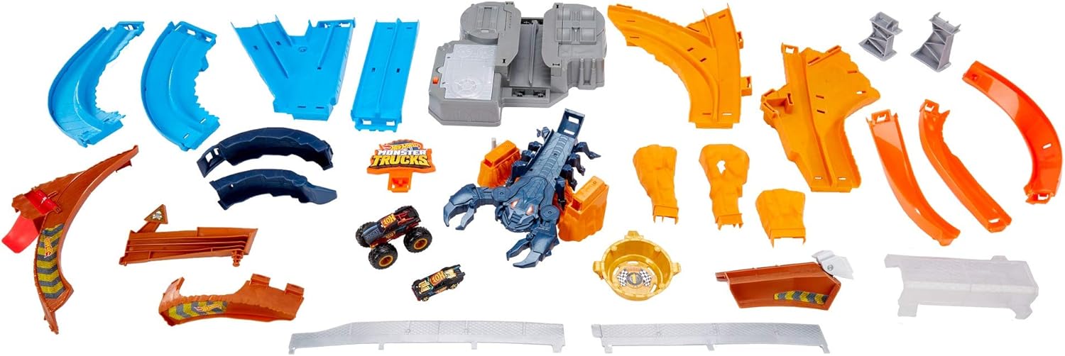 Hot Wheels Monster Trucks Scorpion Sting Raceway 3.5 feet Motorized Track Set with Giant Scorpion, 1:16 Scale Monster Truck Podium Crasher & 1 1:64 Scale Night Shifter Model: Toys & Games