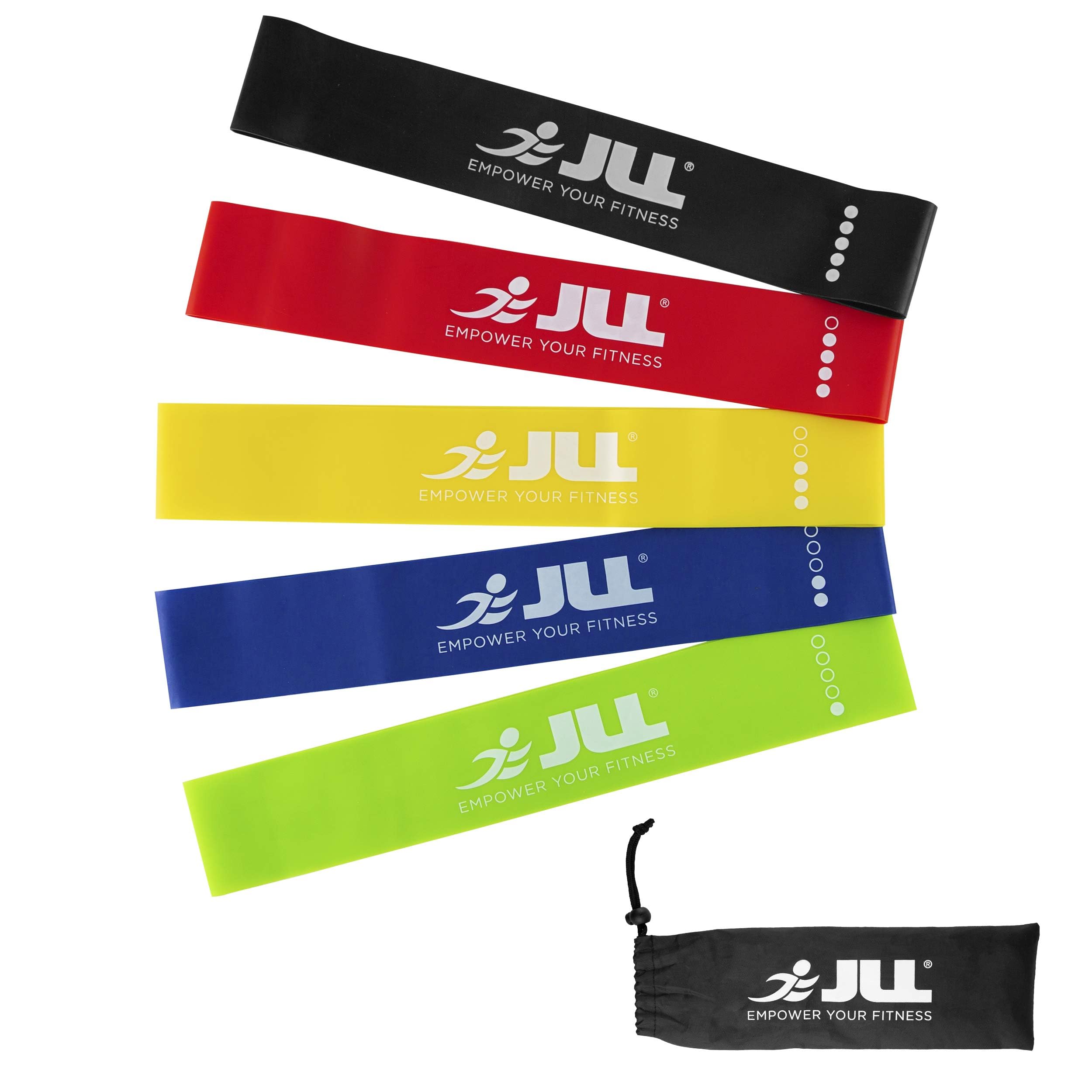 JLL Resistance Bands Set | Set of 5 Strength Levels | Skin Friendly Loop Bands for Pilates, Training, Physical Therapy, Stretching, Home Gym | Free Bag for Portability