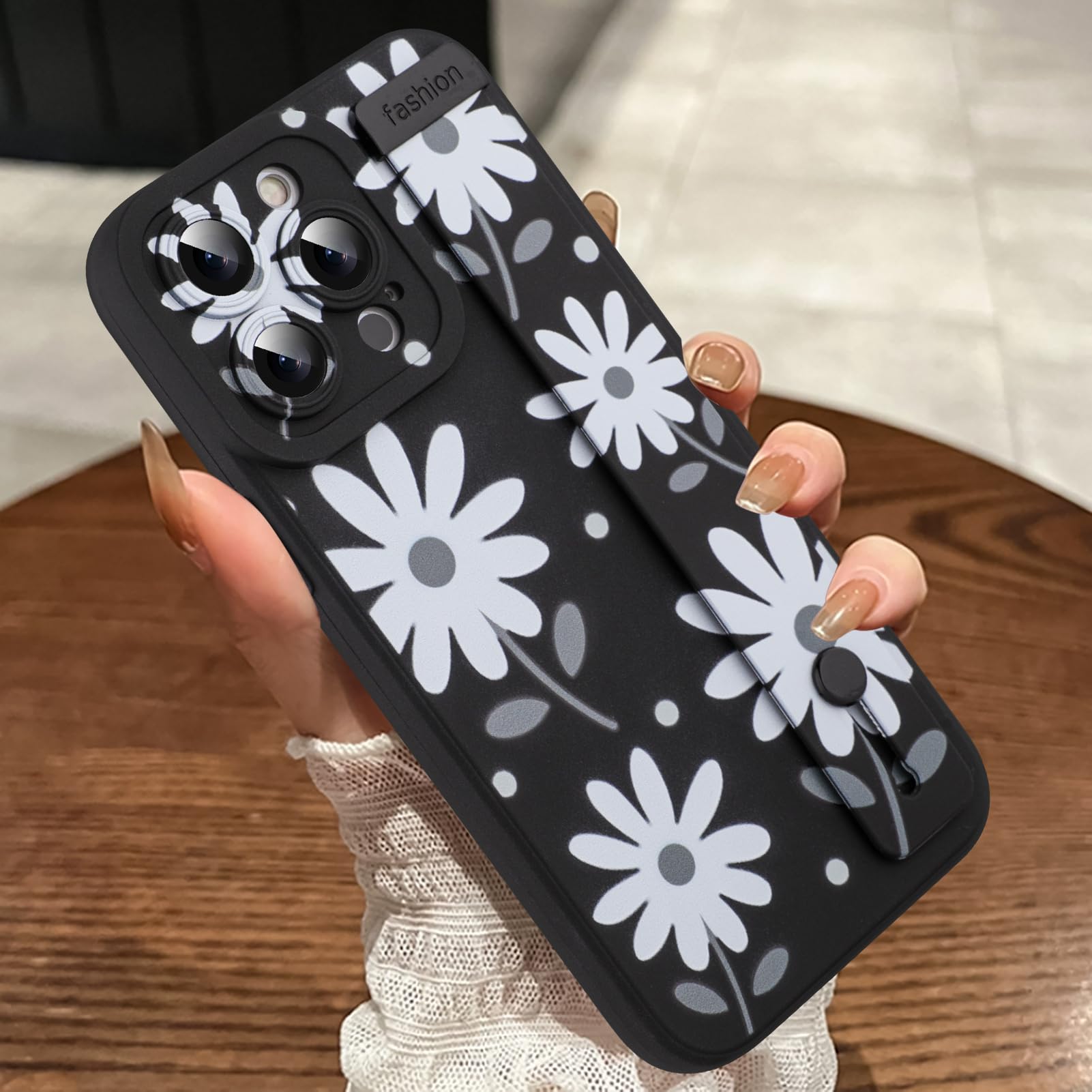 MOWIME Compatible with iPhone 14 Pro Case with Wrist Strap, Cute Daisy Floral Shockproof Soft TPU Protective Case for Women Girls, Slim Anti Scratch Case for iPhone 14 Pro 6.1 Inch, Black