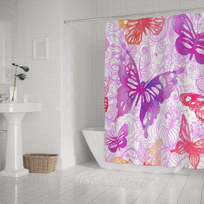 Amazon Com Kuizee Shower Curtain Waterproof Beautiful Pink Butterflies Flowers Watercolor Bath Curtains Polyester Decor Bathroom 60x72inch Water Repellent Bath Curtain Easy Install Home Kitchen