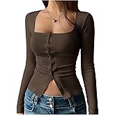 SweatyRocks Women's Square Neck Long Sleeve Button Down Split Fitted Going Out Crop Top T Shirts