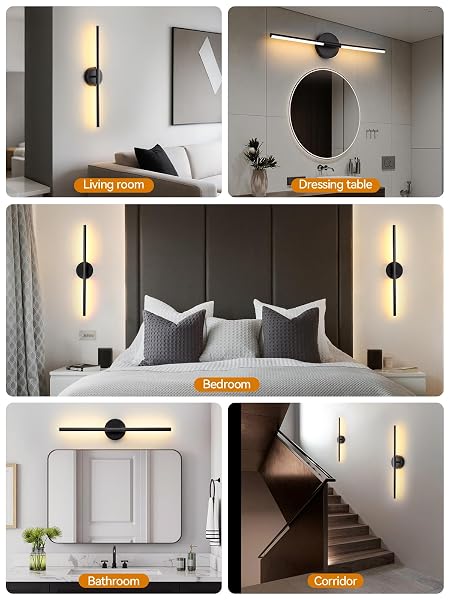 BATTERY OPERATED WALL SCONCES SET OF 2, MODERN WIRELESS WALL LIGHTS WITH REMOTE & TOUCH CONTROL, 24 INCH BLACK DIMMABLE RECHARGEABLE LED SCONCE WITH 3 COLORS & TIMER FOR BEDROOM, LIVING ROOM, HALLWAY