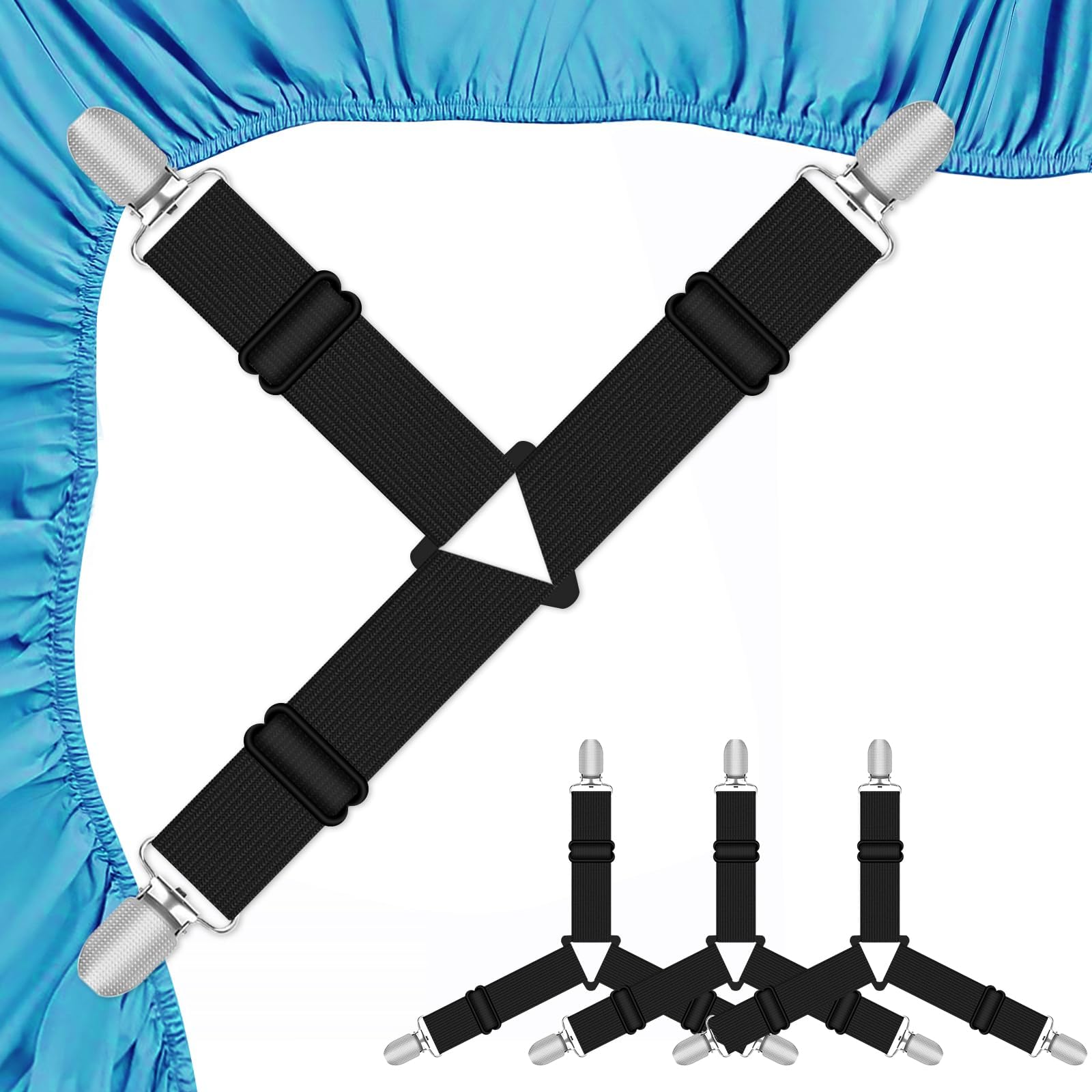 Quelcc 4 Pcs Bed Sheet Clips, Triangle Sheet Clips for Bedding, Adjustable Bed Sheet Grippers, Black Bed Sheet Straps, Sheet Clips for Bedding, Mattress Covers, Bed Sheets, Sofa Cushion