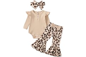 fhutpw Newborn Baby Girl Clothes Infant Rib Frill Long Sleeve Romper Flared Pants Headband Set 3pcs Fall Winter Outfits