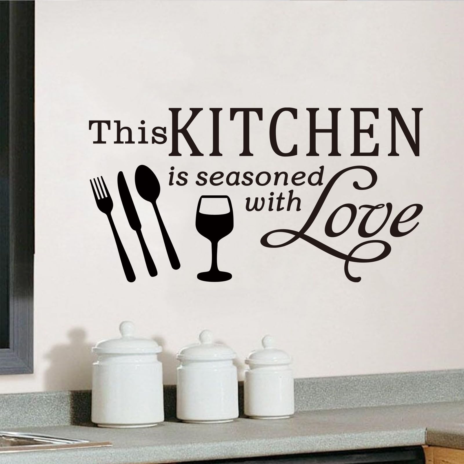 Love Quotes Wall Stickers for Kitchen: Home Inspirational Pantry Dining Room Family Vinyl Art Wall Decals - This Kitchen is Seasoned with Love 21" X 11"