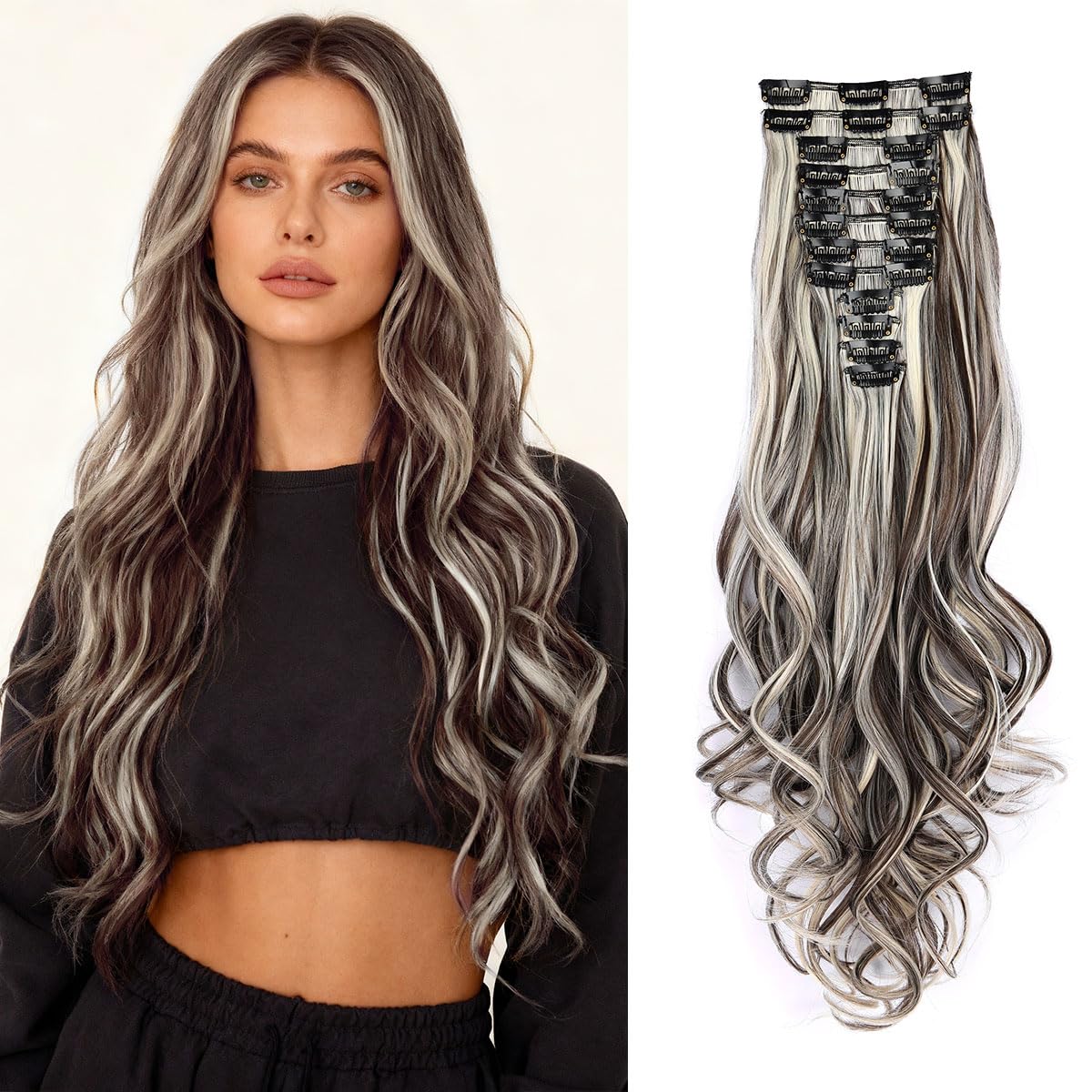 Hair Extensions Clip In - 22 Inch Long Curly Ash Blonde with Honey Highlights Synthetic Hairpiece, 180g, 12 Pieces, Soft and Thick for Women
