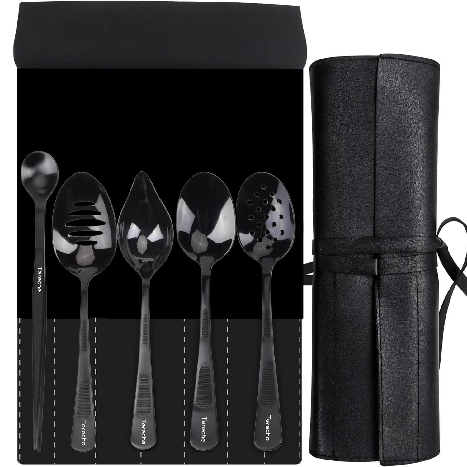 CREATIVECHEF Set of 5 Kitchen Spoons Chef Plating Tools Culinary Kit, Plating Tools Specialty Chef Plating Kit, Stainless Steel Serving Spoons Set, Professional Kitchen Secret, Black