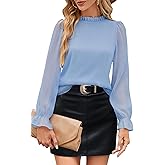 Aifer Womens Blouses Trendy Dressy Casual Tops Elegant Puff Long Sleeve Shirts Ruffle Mock Neck Plain Chiffon Outfits